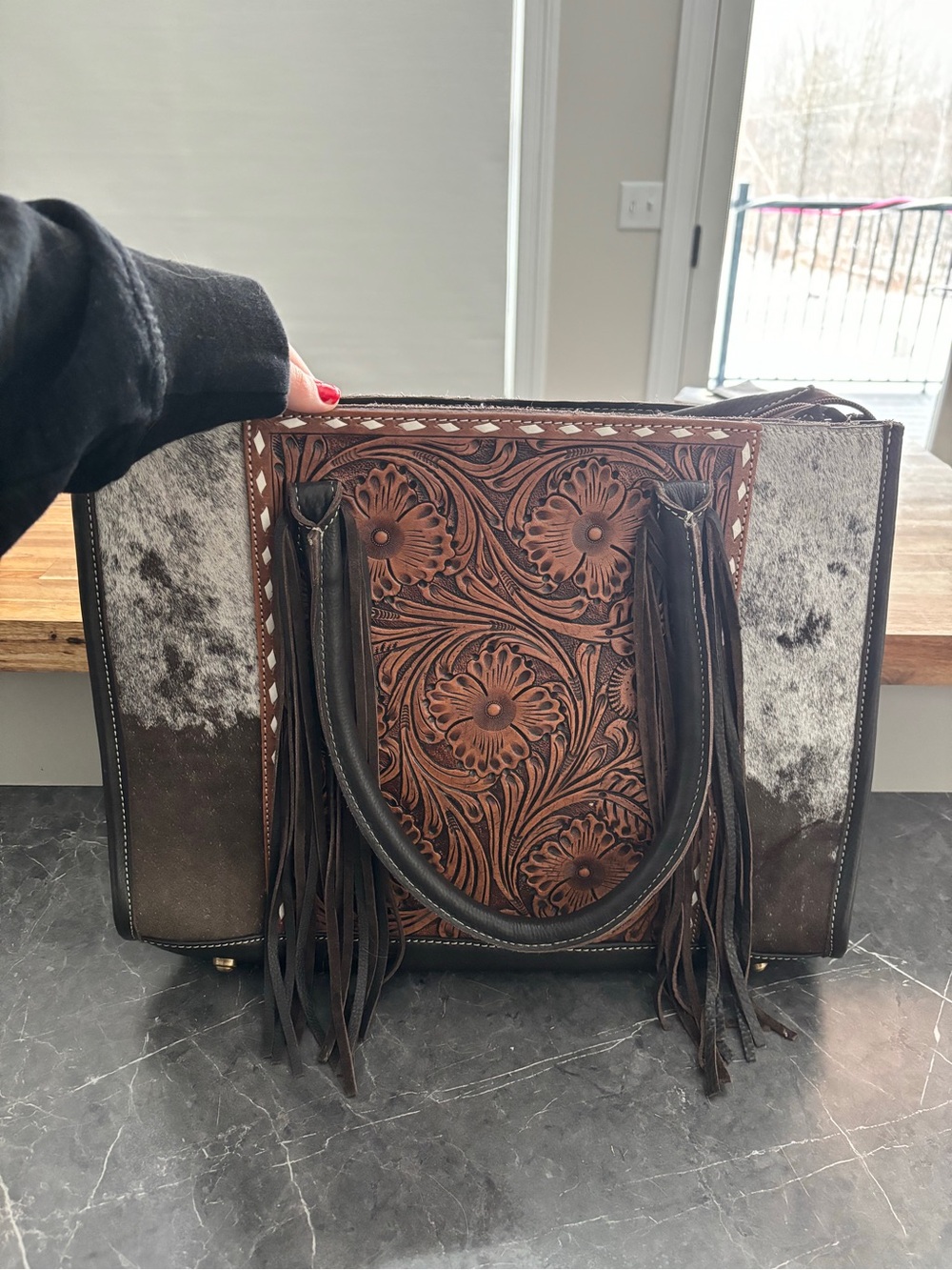 Brown Tooled Floral Fringe Tote Bag